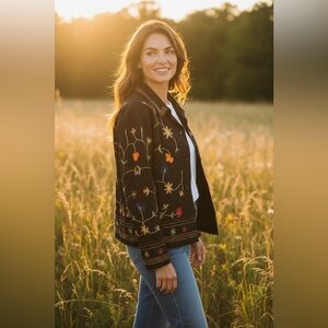 NEW Denim & Co Black Jacket with Multicolor Floral Embroidery Size L/XL